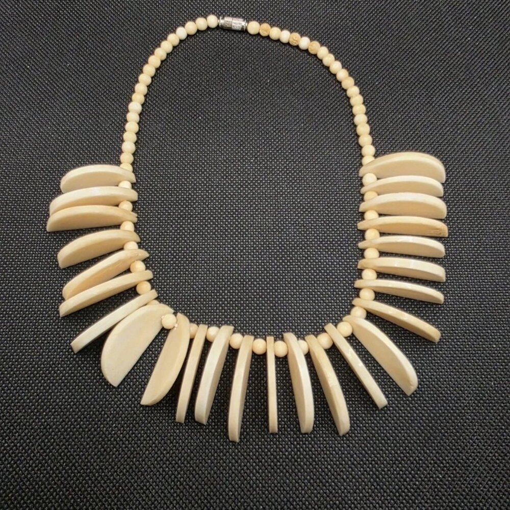 Vintage Bovine Bone Carved Beaded Necklace with barrel clasp Tribal 16.25"